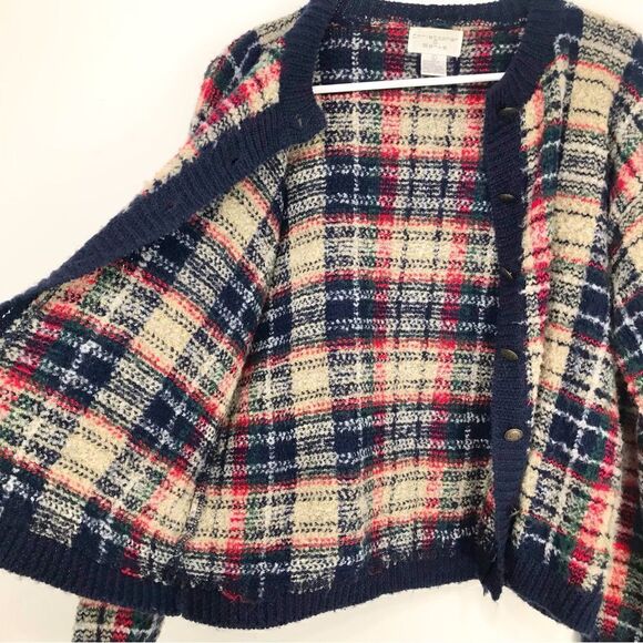 Christopher & Banks Navy Blue Cream Plaid Fuzzy Knit Cardigan Sweater - Picture 8 of 11